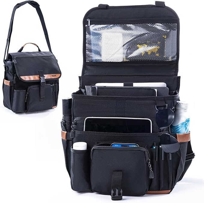 SPORJET Car Seat Organizer with Lid and Laptop Compartment (Fits 15.6"), Front Seat Passenger Organizer with Adjustable Strap, Multiple Pockets, Portable Office Bag, Water-Resistant 1200D Polyester