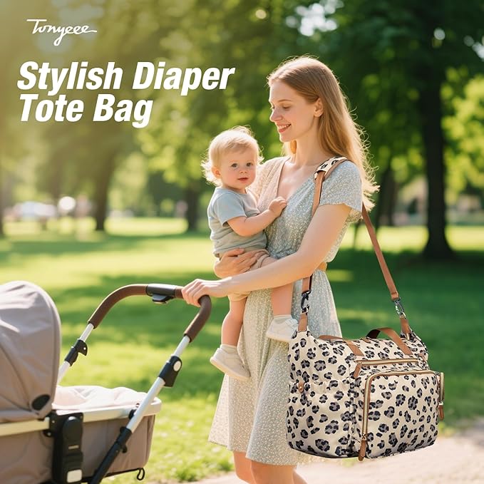 Tonyeee Diaper Bag Tote, Large Baby Diaper Bags for Travel, Hospital Bag for Labor Delivery with Pacifier Case, Changing Pad, Shoulder Strap, Leopard Print