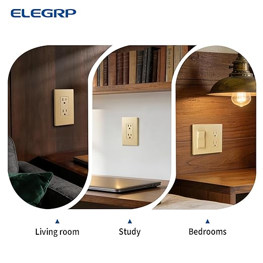 ELEGRP Matte Standard Decorator Electrical Wall Receptacle Outlet, 15A 125V, 2 Pole 3 Wire, Non Tamper Resistant, NEMA 5-15R, Self-Grounding, UL Listed (Champagne Gold, 2 Pack)