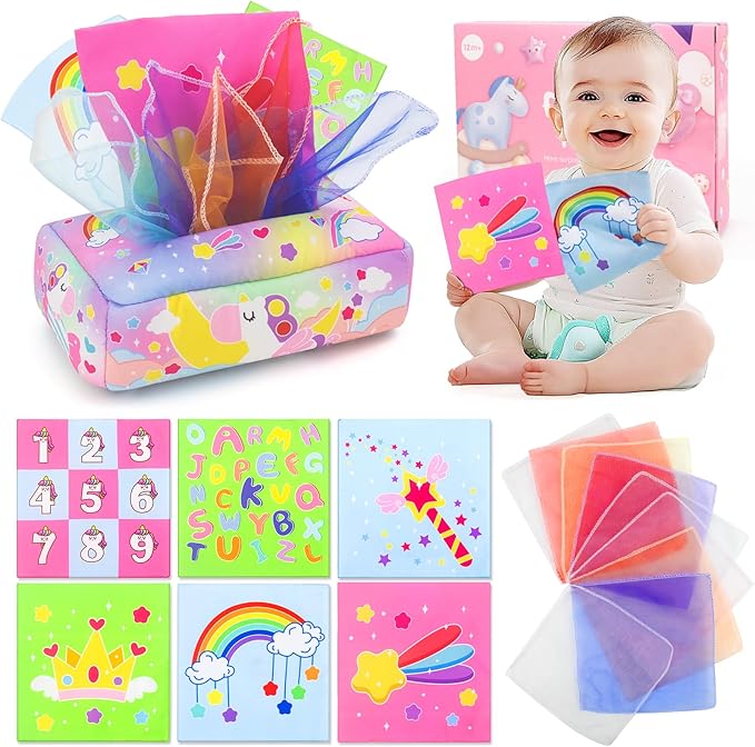 usrela Baby Toys 6 to 12 Months - Tissue Box Toy, Tissue Learning Toys with Alphabet Number Color Sound, Baby Sensory Toy Gifts for 6 9 12 18 Months Old