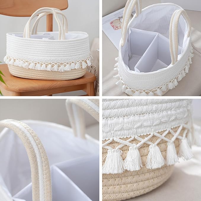 Baby Diaper Caddy Organizer, Rope Tassel Nursery Storage Bin Basket, Portable Holder Tote Bag for Girl Boy, Nursery Storage Bin with Removable Divider, Newborn Holder for Baby Shower & Mums (White)