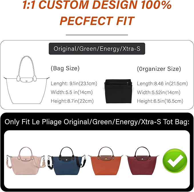 Premium Felt Purse Organizer Insert for Longchamp Le Pliage S, Zipper Long Champ Bag Organizer Insert with Cup Holder, 9 Compartments(Beige, Small)