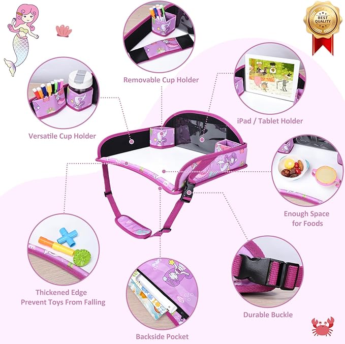 Kids Travel Tray for Toddler Carseat, Road Trip Activities Essentials, Kids Lap Desk Tray with Tablet Holder Stand and Dry Erase Board, Mermaid