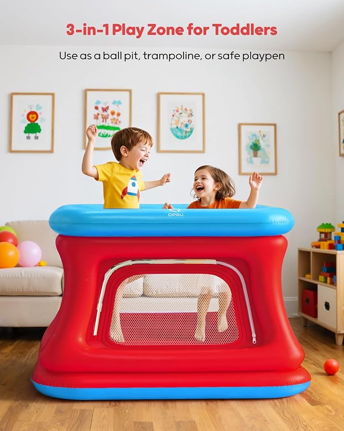 QPAU 3-in-1 Inflatable Bounce House for Toddlers 1-3, Ball Pit & Trampoline, Inflatable Bouncy House with Safety Net, Indoor & Outdoor Bubble Bouncer (Blue & Red)