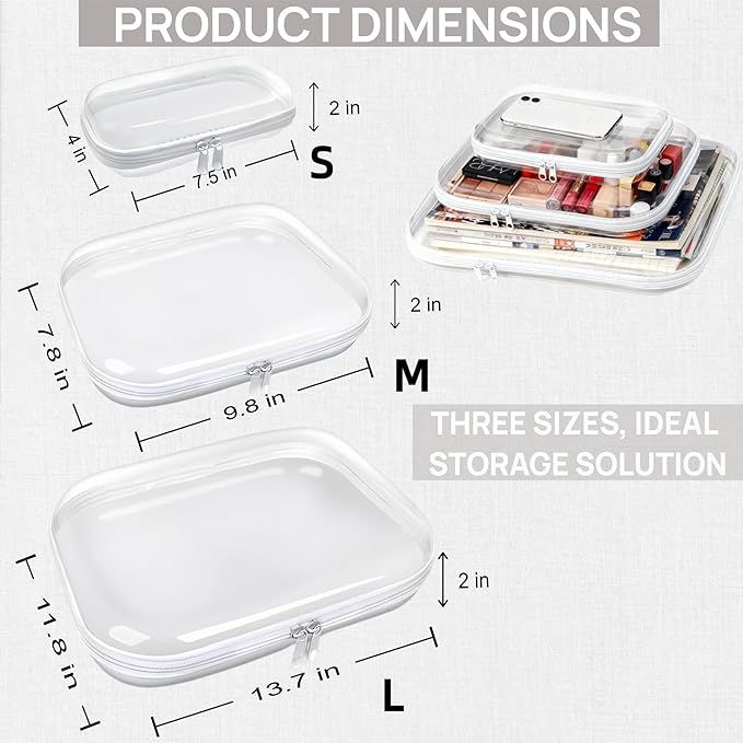 3PCS Clear Hard Plastic Zipper Case, Double Zippers Hard Pouch, Portable Travel Organizer Bin Clear Makeup Bag for Toy Storage, Snack Bag, Cosmetics, Pencil Case, Diaper Bag, Toiletry Bag (2M+1S)