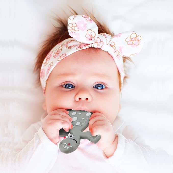 Dinosaur Teething Toys 3-6 Months with Pacifier Clip, Baby Teether 6-12 Months,Silicone Teethers, Soft-Textured Infant Toys for Teething Relief & Brain Development, Newborn Essentials-Olive