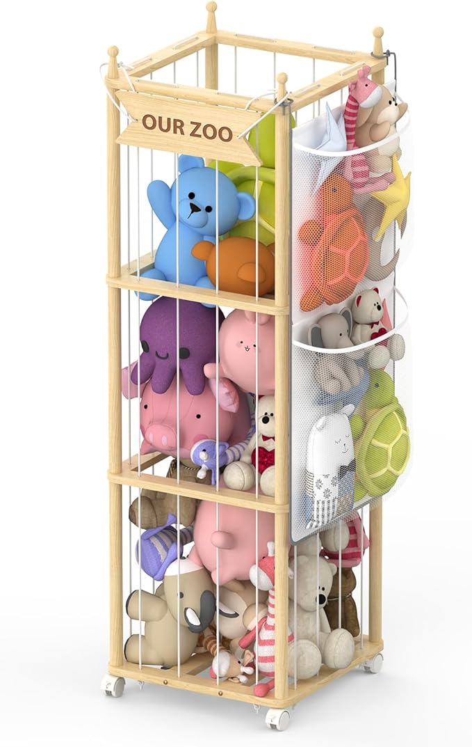 SANXUO Wooden Stuffed Animal Storage Organizer,Hanging & Rolling Toy Storage,Space-Saving Plush Zoo Cage Holder for Kids’Bedroom, Nursery, Playroom,White Elephant Gifts for Boys & Girls