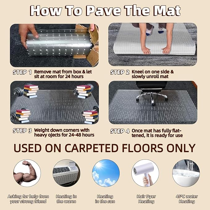 Lebata Office Chair Mat for Carpet Floor, 48" x 65", Slip Resistant Heavy Duty Under Desk Protector for Low Pile Carpets, Rolling Computer Mat with Studs for Home