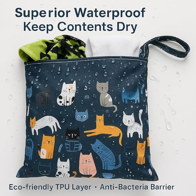 FANALALA Waterproof Wet Dry Bag, Reusable Diaper Pouch with Zipper, Machine Washable Travel Organizer for Beach, Daycare, Kids, Dinosaur Pattern (Blue Cat)