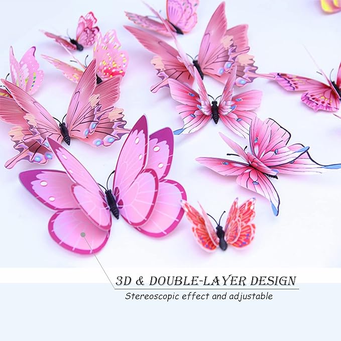 OPSEAM Butterfly Wall Decor 24/48 PCS, 3D Butterflies Stickers for Party Decorations with Magnets(Pink, 48)