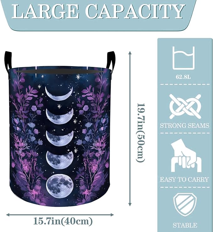 VODRM Moon Phase Floral with Starry Sky Laundry Basket, Dirty Collapsible Clothes Toy Organizer Hamper for Kids Adults, Oxford Cloth Waterproof Storage Bin for Room Bathroom Decor Gifts, 19.7"X15.7"