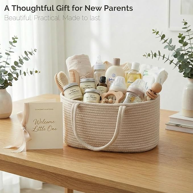 luxury little Diaper Caddy Organizer, Large Cotton Rope Nursery Baby Basket, Changing Table Organizer for Baby Diaper Storage, Portable Car Organizer Removable Divider (Oatmeal, Extra Large)