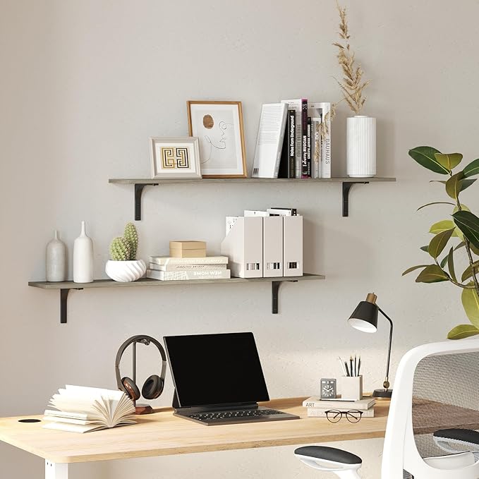 DINZI LVJ Long Wall Shelves, 31.5 Inch Wall Mounted Shelves Set of 2, Easy-to-Install, Floating Storage Ledges with Sturdy Metal Brackets for Living Room, Bathroom, Bedroom, Kitchen, Gray Wash