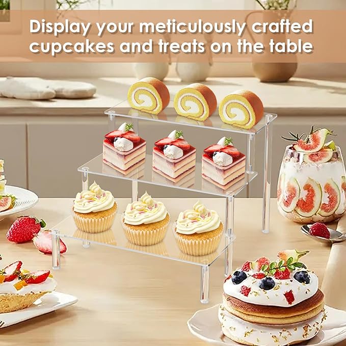 Acrylic Display Risers,Clear Display Risers Stand Small Mini Shelf 3 Tiered Cupcake Stand for Food Desserts Stand Shelves for Party Perfume Organizer Toys Figures Collections Cosmetic Products Tabletop Use