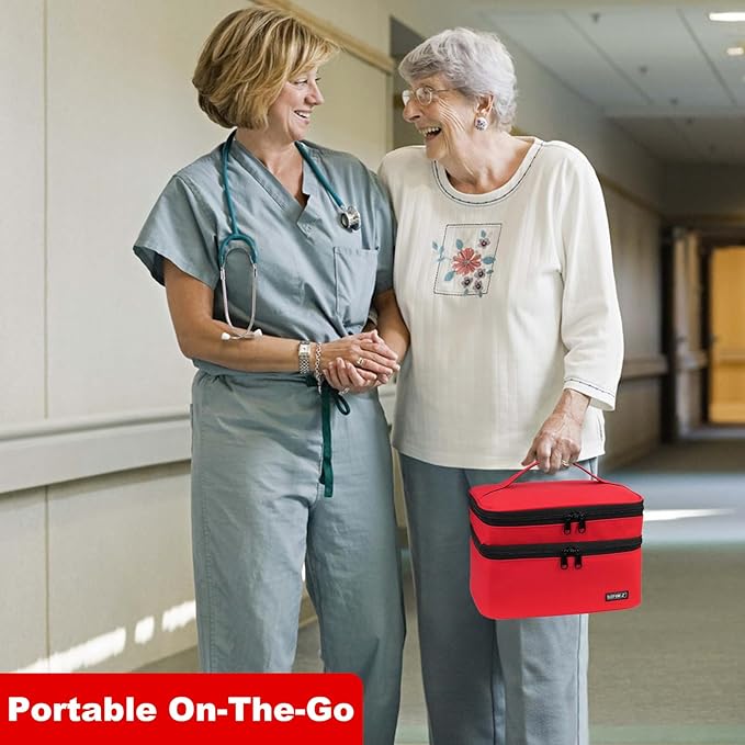 LEFOR·Z Medicine Storage Bag,Double Layers Pill Bottle Organizer Bag Empty with Lockable Zipper&Adjustable Divider,Medication Travel Carrying Bag for Pills,Vitamins,Medical Supplies,Red