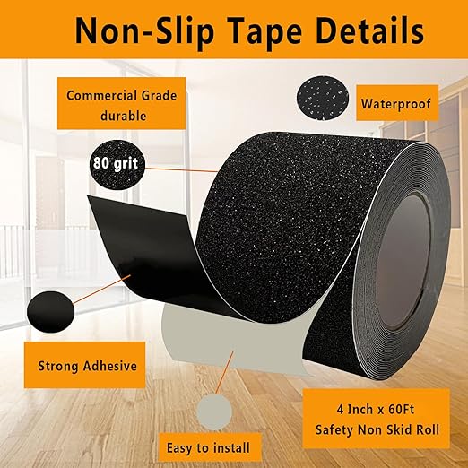 Danlaila Anti Slip Grip Tape Heavy Duty for Stairs 4inch × 60Ft Outdoor/Indoor Waterproof Safety Non Skid Roll for Stair Steps Ramp Traction Tread Staircases Grips Adhesive Non Slip Strips Walk- Black