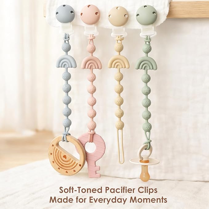 Baby Pacifier Clips One Piece Binky Clip Holder Silicone Teether Clip Pacifier Straps with Clip Baby Teether Toys for Boys and Girls Set of 3 Andy Bear-Ivory+Sage+Baby Blue