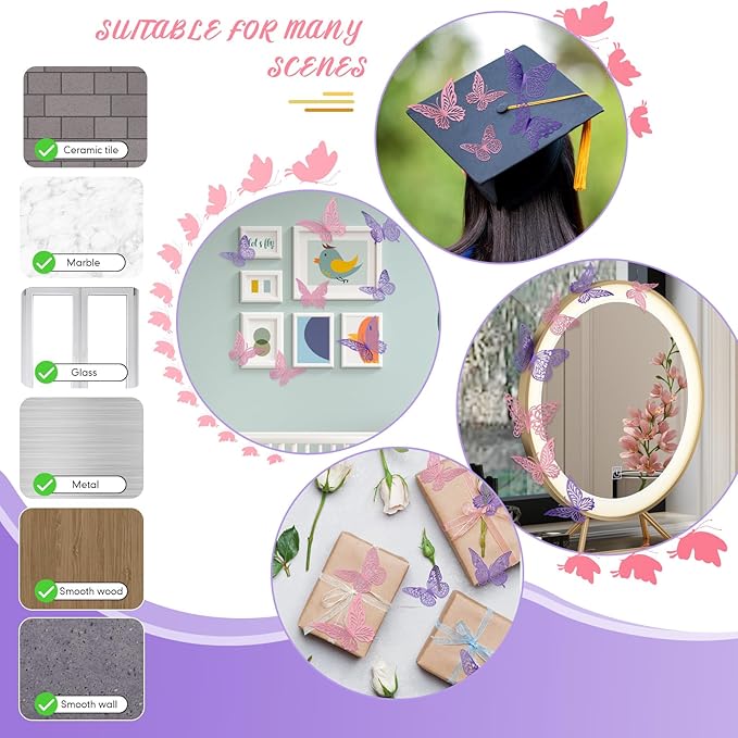 3D Butterfly Wall Decor 3 Sizes 4 Styles Butterfly Party Decorations Cake Decorations Removable Stickers Wall Decor Room Mural Metallic Kids (Purple+Pink, 48Pcs)