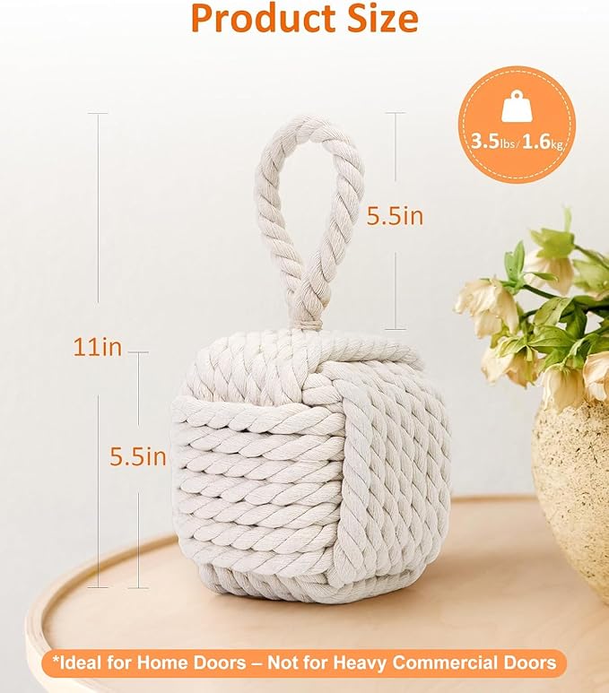 2Pack Decorative Door Stoppers - Cute Rope Knot Design, Heavy Duty Weighted Doorstop with Inside Mount for Home & School, Beige