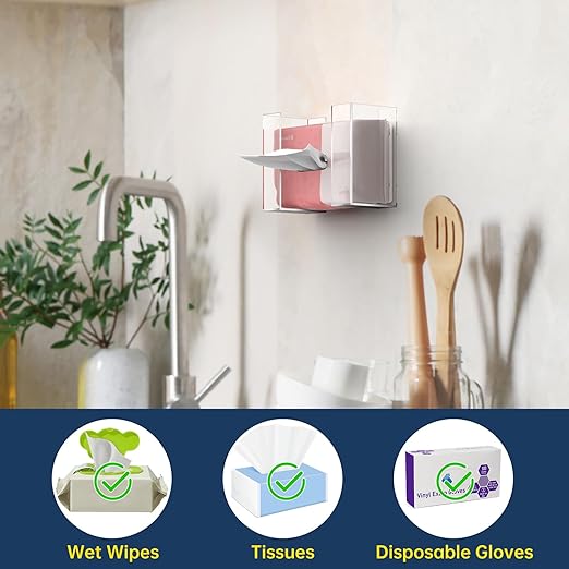 NiHome Clear Acrylic Wall Mount Glove Box Holder Tissue Box Dispenser for Kitchen, Bathroom, Garage, Lab, Salon, Space-Saving Adjustable Organizer for Gloves, Tissues, Easy to Insatll (1-Tier)