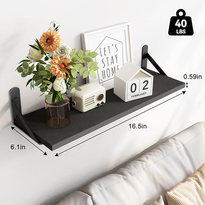 Fixwal Floating Shelves for Wall, Wood Wall Mounted Shelves for Bedroom, Bathroom, Living Room, Kitchen Storage and Decor(Black, Set of 3, 16.5 Inch)