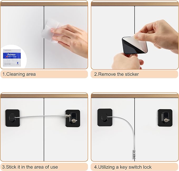 Refrigerator Lock, 6 Pack Fridge Locks with Thickened Wire Rope, Baby Proof Cabinet Locks with Keys, Safety Pantry Lock