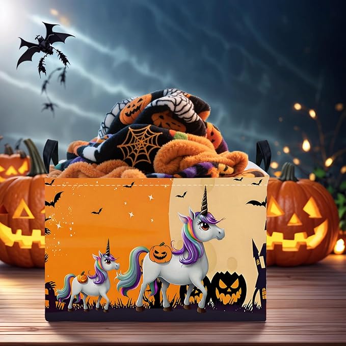 ASKETAM Halloween Basket Gift Cute Pumpkin Ghost Parties Decor Kid Trick or Treat Basket for Boys and Girls Rectangular Storage Bin Box (Unicorn Bat)