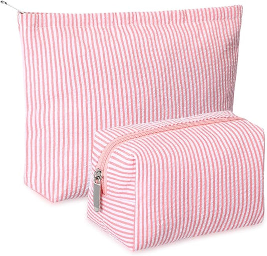2 Pcs Makeup Bag Set Cute Cosmetic Pouch for Women Seersucker Travel Toiletry Bag Preppy Small Makeup Purse Pouch Aesthetic Skincare Brushes Storage Organizer for Valentine Women(Rose Pink)