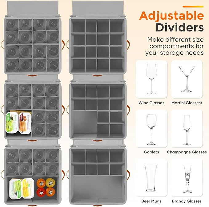 Foyego Wine Glass Storage Box with Dividers, 2 Pack Glassware Storage Containers, Stemware Storage Cases Holds 32 Wine Glasses, Stackable Crystal Storage Containers with Clear Cover for Moving，Gray