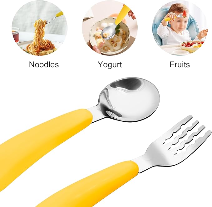 VANRA 2 Pieces Toddler Fork and Spoon Set with Travel Case 18/8 Stainless Steel Toddler Utensils Kids Silverware Children Flatware Child Cutlery Set for School Lunch Box (Yellow)