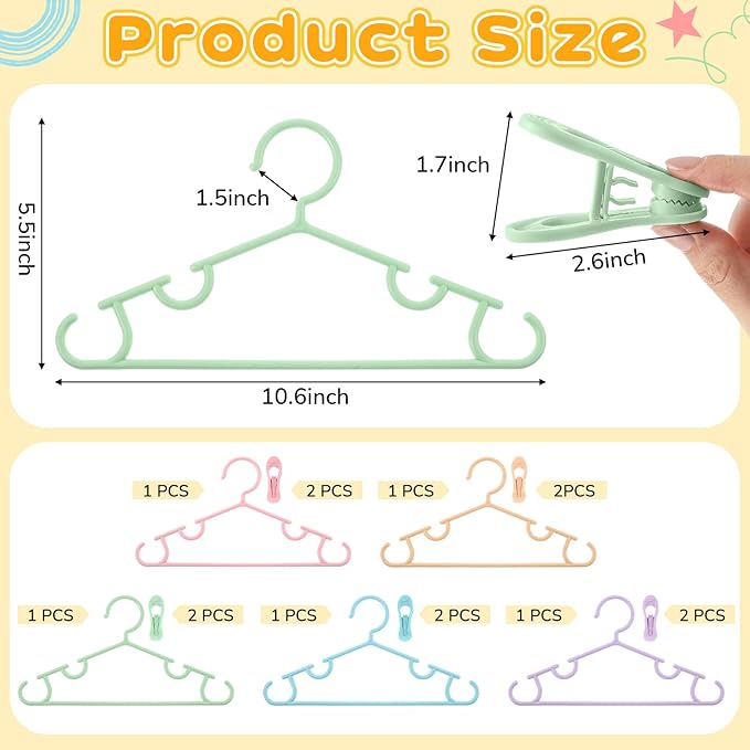 Hsei 5/10/40 Pack Baby Hangers with 10/20/80 Clips, Plastic Kids Pants Hangers for Nursery Closet Top and Bottom Clothes Hanger Set for Newborn Infant Toddler(15 Packs Total,Macaron Color,10.6 Inch)