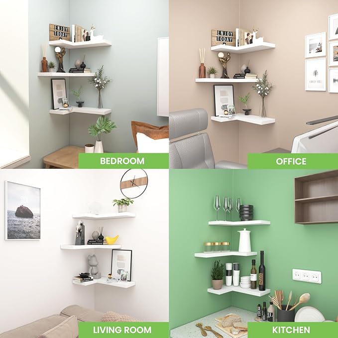NATURE'S SOURCE Floating Corner Shelves with Invisible Brackets Set of 3, Corner Shelves Wall Mounted, for Home Bedroom Bathroom Kitchen Living Room Office- 16.6" x 11.5" (Pure White)