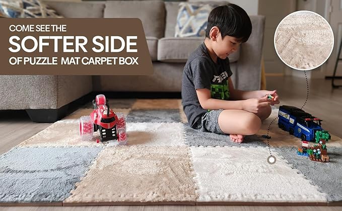 16 Piece Carpet Squares Puzzle Mat 49" x 49" Plush Interlocking Carpet Tiles, Foam Floor Tiles for Baby Play Mat - Kids Soft Play Mats Anti Slip Jigsaw Flooring Playmat Playroom Rug (Brown,Gray,White)