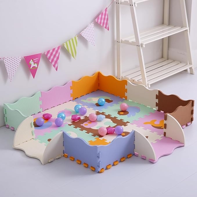 Tamiplay Foam Play Mat for Kids，25Pcs Square Interlocking Puzzle Floor Mat，Baby Play Mat Floor Mat Foam Puzzle Playmat for Toddlers with Fence（Animal-CSH007