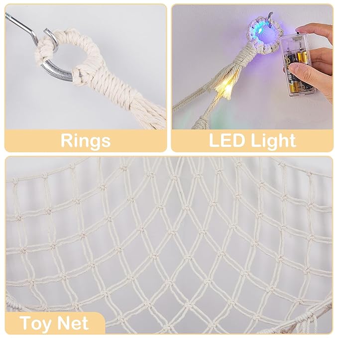 Basumee Stuffed Animals Net or Hammock with LED Light, Hanging Stuffed Animals Storage Toy Hammock Net Corner Wall Girls Room Decor Toy Storage Organizer, White, L