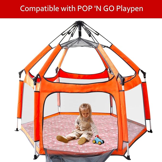Hexagon Playpen Mat Fits POP 'N GO Baby Playpen, 59 Inch Hexagon Playpen Mattress Pad, Non Slip and Padded Play Mat Pink with Star Print