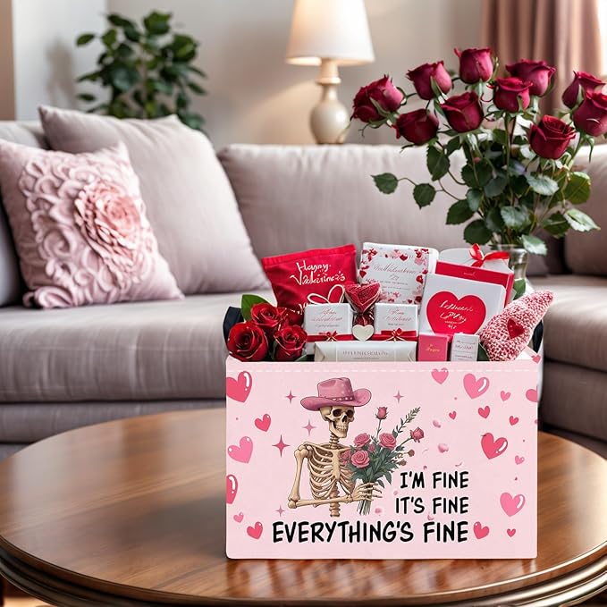ASKETAM Valentine's Day Basket Gift for Empty Cute Heart Large Storage Bin for Kid and Baby Room Décor (Pink Rose Skull Heart)