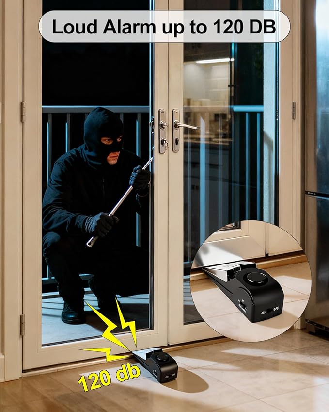 2 Pack Door Stop Alarm, Door Stopper with 120DB Security Alarm, Floor Wedge Door Stop Siren, Door Security Devices for Traveling, Apartment, Hotel and Home, Black