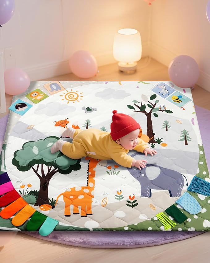 Premium Foam Baby Play Mat 50x50, 4 Developmental Zones Play Mat with Removable & Machine Washable Cover, Extra Thick Padding Playpen Mat, Easy to Clean for Infants, Toddlers & Babies