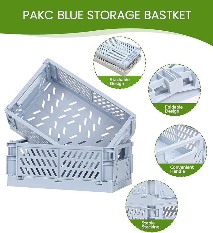 HUUSMOT 2-Pack Small Pastel Plastic Storage Baskets, Collapsible Crates for Organizing, Space-Saving Mini Bins for Classroom, Kitchen, Office, Bedroom (Blue, 9.8" x 6.5" x 3.8")