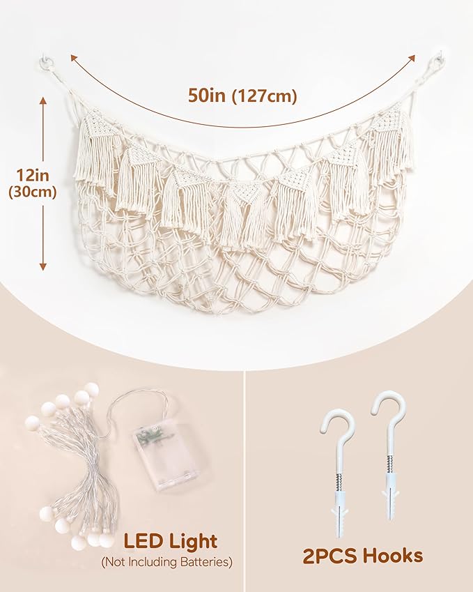Boho Macrame Stuffed Animal Hammock with LED Lights, Wall Corner Hanging Plushie Net, Large Toy Organizer for Kids Bedroom Nursery Playroom & Dorm (White XL)