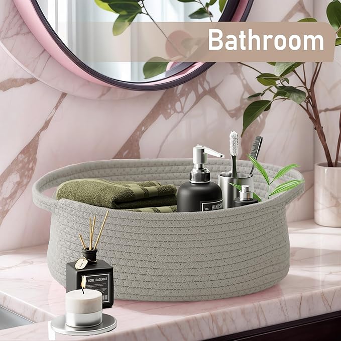 JMvicyroam Woven Basket,Small Rope Storage Bin with Handles & Ribbon Bag, Organizer for Shelves Closets,Gift Basket Empty for Birthday,Books,Dog Toys, Grey/2 Pack