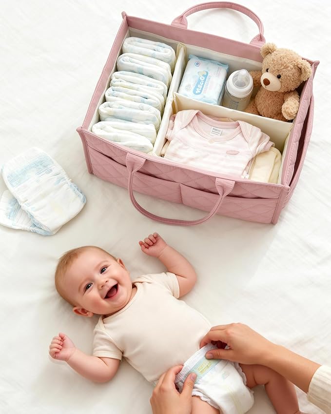 Baby Diaper Caddy Organizer – Spacious Storage Basket for Newborn Essentials, Nursery & Diaper Station, Registry Essential, Dusty Rose