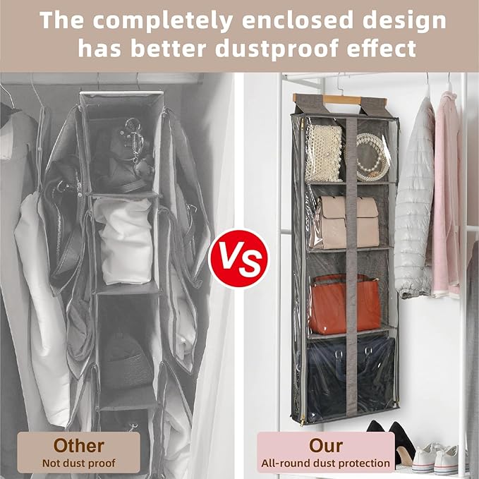 JINOKADI Clear Hanging Handbag Storage Organizer with Zippers, Door Purse Organizer Space Saving 4 Pockets for Closet Bedroom Living Room (Brown)