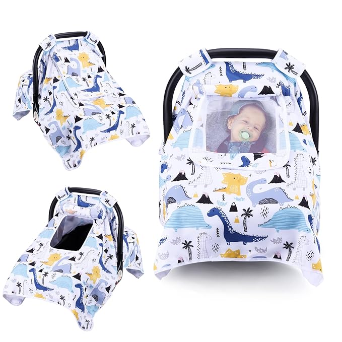 THE KENKYO Car Seat Covers for Babies, Baby Car Seat Cover for Girls Boys, Kick-Proof Newborn Carrier Canopy with Breathable Mesh Peep Window, Windproof Stroller Cover for All Seasons