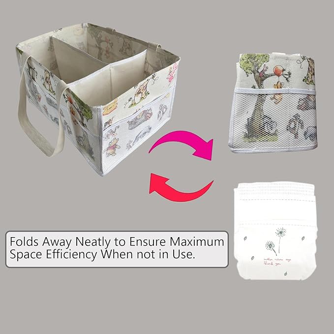 Extra Large Winnie Baby Diaper Caddy Organizer, Baby Wipes Storage Basket for Changing Table, Gift for Newborn Essentials, Baby Shower Must Have, Portable and Foldable for Space Saving (White)