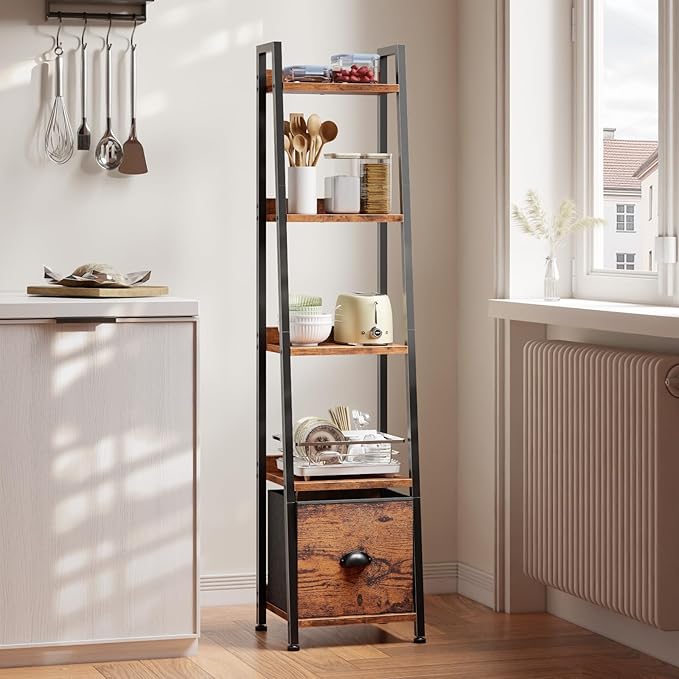 Furologee 5 Tier Narrow Ladder Shelf, Ladder Bookshelf with Drawer, Industrial Shelves Storage Rack Organizer,Skinny Display Shelving Units for Living Room,Bedroom, Kitchen,Rustic Brown