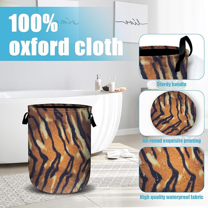 Tiger Texture Laundry Basket, Laundry Hamper Collapsible Oxford Cloth with Handle Clothes Toy Storage Bin for Bathroom Laundry Room Bedroom 15.7 X 20 Inch