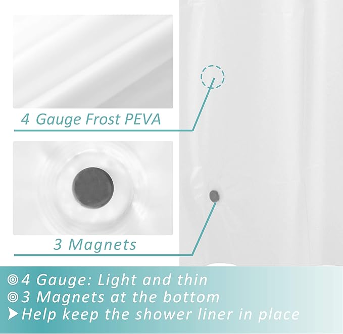 Mrs Awesome Shower Curtain Liner with Magnets, 72x72 Frosted PEVA Plastic Shower Curtain for Bathroom, Lightweight & Waterproof, 72 x 72, Frost