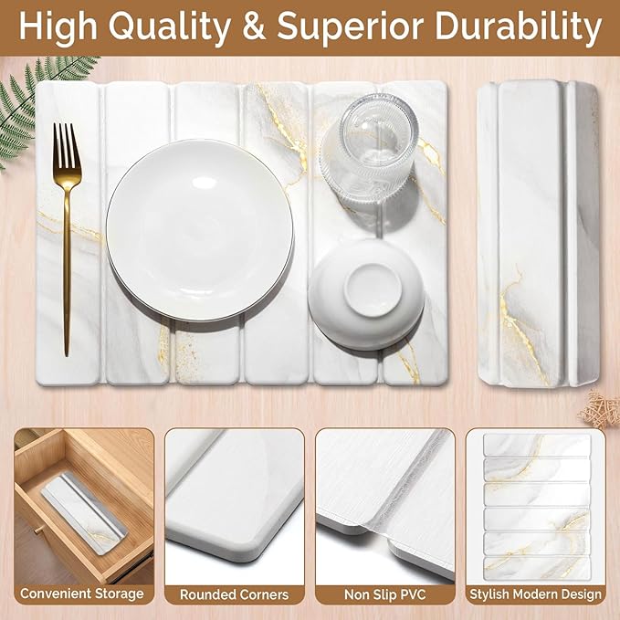 Small Stone Dish Drying Mat for Kitchen Counter, 2 PCS 16"×12" & 8"x4" Quick Dry Stone Mats, Foldable Water Absorbing Diatomaceous Earth Drying Dish Pad for Countertop Bottles Utensils Cup(Gold White)